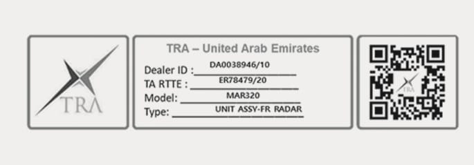 2025 Hyundai Tucson front radar certification label image for United Arab Emirates. The label displays the TRA logo, a QR code, and text details including Dealer ID 'DA0038946/10', TA RTTE 'ER78479/20', and Model 'MAR320'. It indicates the front radar's compliance with UAE radio frequency regulations.