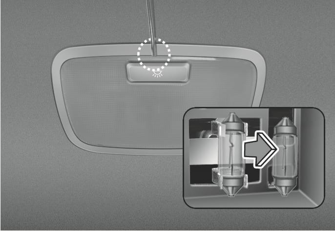 2025 Hyundai Tucson Room lamp replacement image. A flat-head screwdriver is shown prying the lens cover from the housing. An inset view shows the bulb with a white arrow pointing to the right, indicating the direction to remove it from the clips. Explains the process of replacing the room lamp bulb.