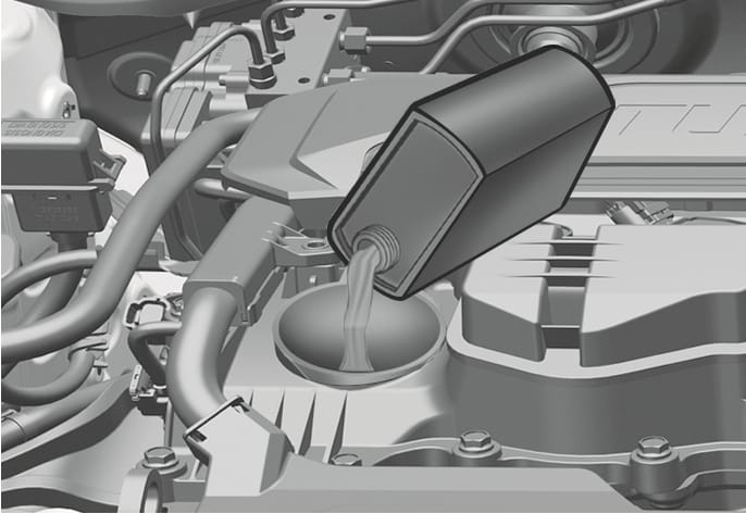 2025 Hyundai Tucson engine oil refill image. An oil bottle is shown pouring liquid into the oil filler opening on the engine cover of the Smartstream G1.6 T-GDi engine. This illustrates the process of adding engine oil to the vehicle.