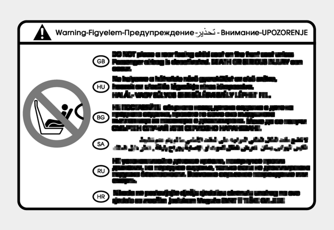 2025 Hyundai Tucson airbag warning label Type B image. A graphic shows a prohibition sign over a rear-facing child seat with an airbag. Text warns 'DO NOT place a rear-facing child seat on the front seat unless Passenger airbag is deactivated.' Explains the risk of death or serious injury when using a rear-facing child seat on a front seat with an active airbag.