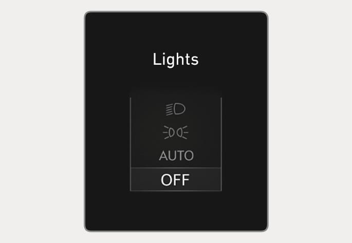 2025 Hyundai Tucson Lights indicator display image. The screen shows the text 'Lights' with a vertical list of icons for headlights, parking lights, 'AUTO', and 'OFF', where 'OFF' is highlighted. This describes the function of displaying the currently selected exterior light mode on the instrument cluster.