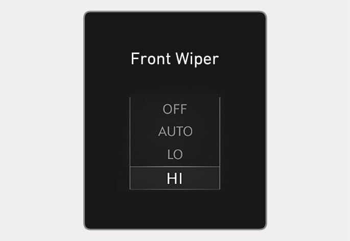 2025 Hyundai Tucson Type A Front Wiper display image. The instrument cluster screen displays the text 'Front Wiper' and a vertical list of settings: 'OFF', 'AUTO', 'LO', and 'HI', with the 'HI' option highlighted. This illustrates the function that indicates the currently selected wiper speed.