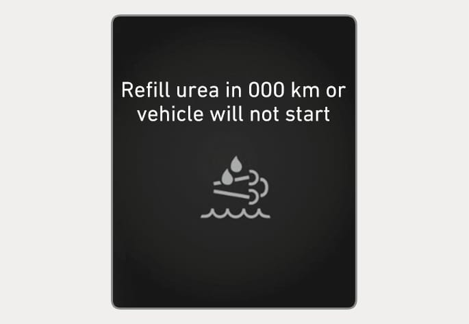 2025 Hyundai Tucson instrument cluster warning message image. The screen displays the text 'Refill urea in 000 km or vehicle will not start' above a symbol depicting an exhaust pipe with droplets and wavy lines. This warns the driver that the urea solution is nearly empty and the vehicle will not start after the indicated distance.