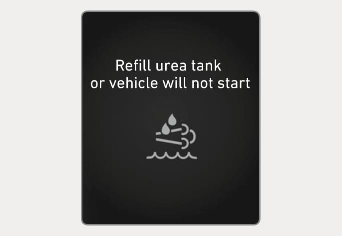 2025 Hyundai Tucson Low urea warning message image. The instrument cluster displays the text 'Refill urea tank or vehicle will not start' above the SCR warning icon. This explains the critical warning indicating the vehicle cannot be restarted due to an empty urea tank.