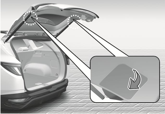2025 Hyundai Tucson inside tail light service cover image. The open tailgate shows dotted circles marking the service covers on the inner panel. An inset depicts the cover with a curved arrow indicating the prying motion. This illustrates removing the cover to access the tail light bulb.