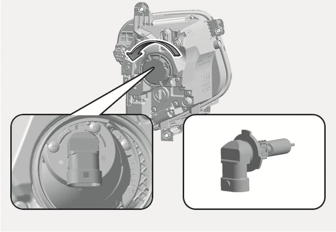 2025 Hyundai Tucson headlight bulb replacement image. A curved arrow shows rotating the socket counterclockwise on the headlight assembly. Insets display the installed socket and the removed bulb. Explains how to remove the headlight bulb socket.