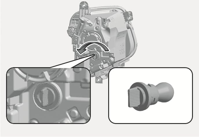 2025 Hyundai Tucson Turn signal light replacement image. The image shows the rear of the headlight assembly with a curved arrow indicating counter-clockwise rotation. Magnified insets display the installed socket and the removed socket with the bulb. Explains how to remove the turn signal light bulb socket.