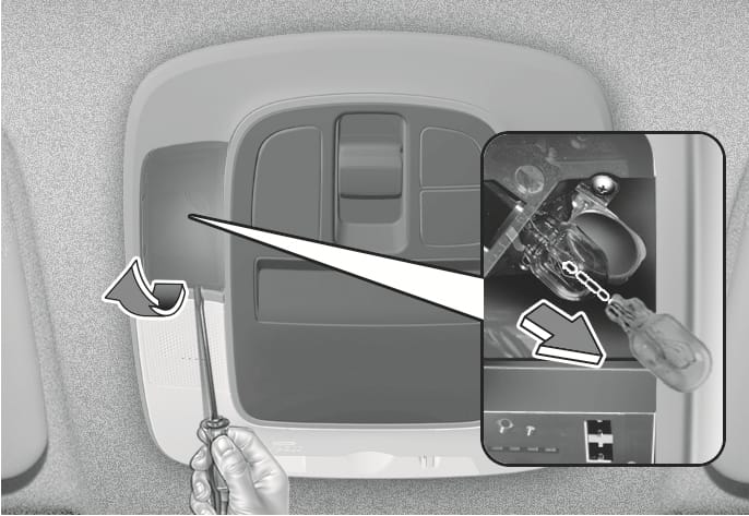 2025 Hyundai Tucson Map lamp replacement image. A flat-head screwdriver is used to pry open the map lamp lens, indicated by a curved arrow. An inset view shows the bulb being pulled straight out of the socket, marked by a directional arrow. This explains the process of replacing the map lamp bulb.