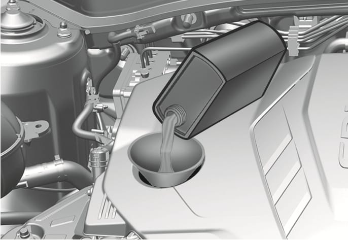2025 Hyundai Tucson Smartstream G2.5 GDi engine oil refilling image. An oil bottle is shown pouring engine oil into a funnel inserted into the oil filler opening on the engine cover. This illustrates the process of adding engine oil to the vehicle.