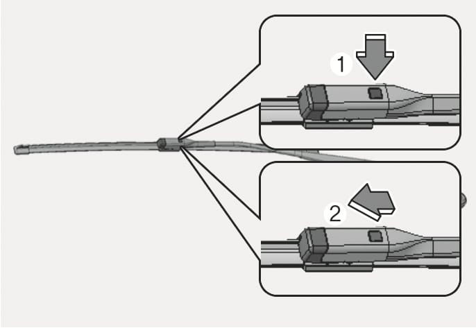 2025 Hyundai Tucson wiper blade replacement image. Detailed views show a vertical arrow pressing the stopper (1) on the wiper arm, and a directional arrow indicating the blade assembly sliding up (2). Explains the process of pressing the stopper and sliding the blade assembly to remove it.