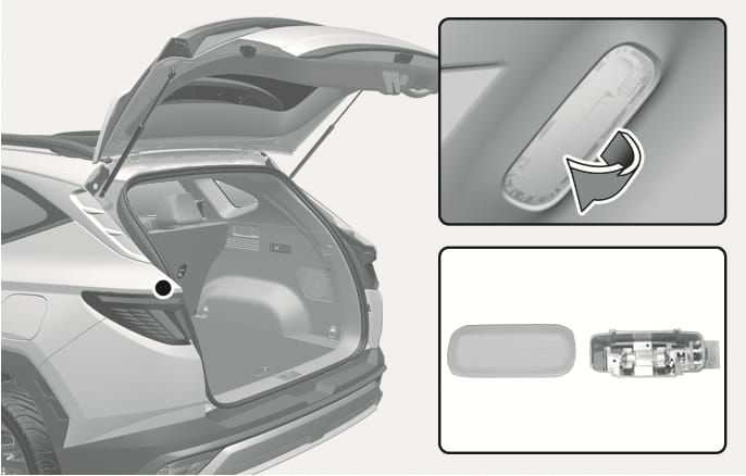 2025 Hyundai Tucson Luggage compartment lamp replacement image. The image displays the open tailgate with a marker indicating the lamp on the left side of the cargo area. A detailed view shows a curved arrow indicating the direction to pry off the lens, and another view shows the detached lens and the internal bulb housing. Explains the process of accessing and replacing the luggage compartment lamp bulb.