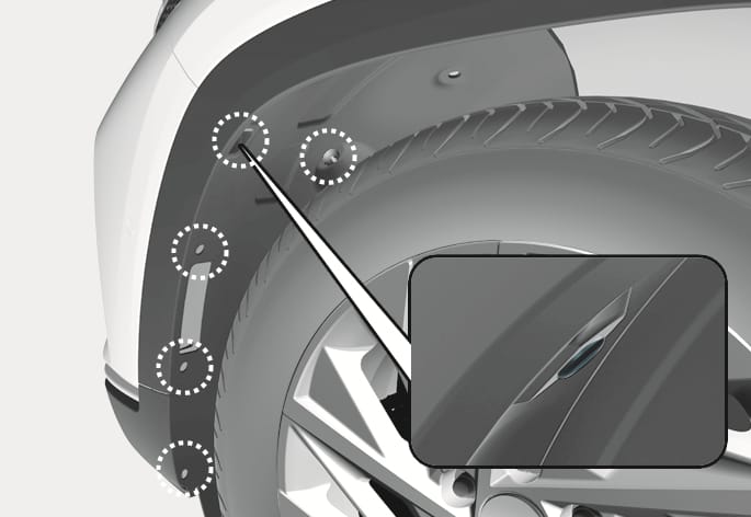 2025 Hyundai Tucson wheel guard clips image. Dashed circles on the front wheel arch mark the clip positions, and a callout details the clip slot. Explains the location of fasteners to remove for accessing the headlight assembly.