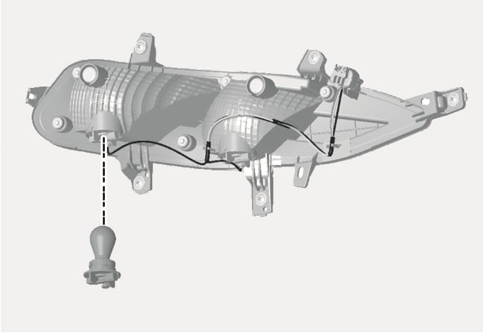 2025 Hyundai Tucson rear turn signal light replacement image. A dotted line indicates the removal path of the bulb socket from the rear bumper light assembly. The bulb is shown detached from the housing. This describes the procedure for replacing the turn signal light bulb.