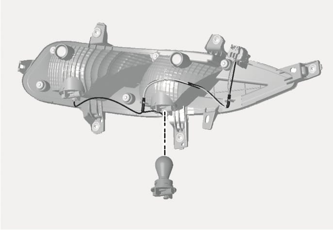 2025 Hyundai Tucson Rear fog light and Back-up light replacement image. The illustration shows the rear of the light assembly, with a vertical dashed line indicating the bulb removal direction from the socket. This explains the bulb replacement procedure.