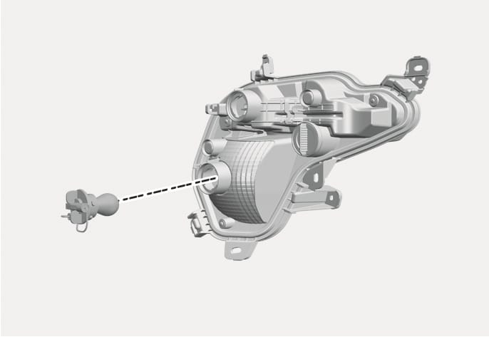 2025 Hyundai Tucson Rear fog light replacement image. The image displays the rear fog light assembly with the bulb socket detached. A dashed line indicates the direction for inserting or removing the bulb socket from the housing. Explains the procedure for replacing the rear fog light bulb.