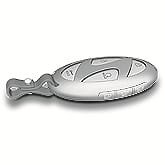2025 Hyundai Tucson Smart key image. The silver smart key fob features lock, unlock, and remote start buttons on the front, and forward and backward buttons on the side. It illustrates the device used to control Remote Smart Parking Assist and remote start functions.