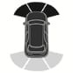 2025 Hyundai Tucson Forward Parking Distance Warning indicator image. A top-down vehicle icon displays three fan-shaped zones at the front filled in black, indicating object detection. This illustrates the instrument cluster warning when an object is detected in the front within a distance of 60 to 120 cm.