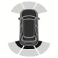 2025 Hyundai Tucson Reverse Parking Distance Warning indicator image. A top-down view of the vehicle shows all three rear detection zones highlighted in dark color. This indicates an object is detected within 30 cm (12 in.) from the rear bumper, corresponding to a continuous warning sound.