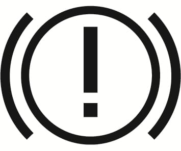 2025 Hyundai Tucson Parking Brake warning light icon. The symbol displays an exclamation mark within a circle, flanked by curved brackets. It illuminates to indicate that the Electronic Parking Brake is applied or operating.