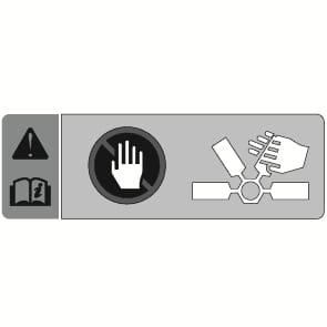 2025 Hyundai Tucson engine warning label image. It displays a warning triangle, a 'Do Not Touch' symbol, and a graphic of a hand caught in a fan. This warns to keep hands away from moving parts like the cooling fan and drive belt to prevent injury.