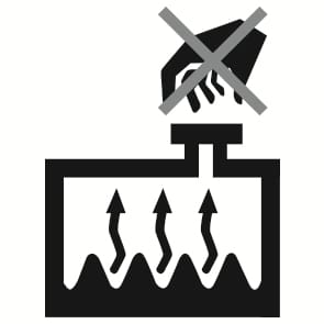 2025 Hyundai Tucson Radiator Hot Warning icon. The symbol depicts a radiator with rising heat arrows and a crossed-out hand over the cap. It warns never to remove the engine coolant cap while the engine and radiator are hot.
