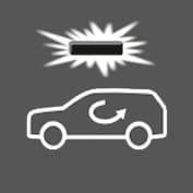 2025 Hyundai Tucson air recirculation symbol icon. The image features a white outline of a car with a curved arrow inside, indicating air circulating within the vehicle. Above the car, a black rectangular shape with radiating lines represents an indicator. Describes the function of the air intake control system to recirculate cabin air and block outside air.