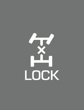 2025 Hyundai Tucson 4WD LOCK button icon. The image displays a stylized chassis with four wheels and a central 'X' mark, labeled with 'LOCK' text below. This icon represents the button used to activate 4WD Lock mode for maximizing traction on rough roads.