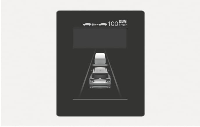 2025 Hyundai Tucson Cluster Driving Assistance Information image. A cube graphic representing the host vehicle and the vehicle ahead is in the center of the black background, and there are inter-vehicle distance icons and '100 km/h', 'NAV' texts at the top. Describes the function to check vehicle detection and driving information during Smart Cruise Control operation.