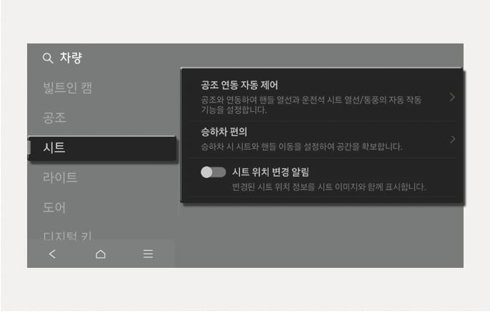 2025 현대 투싼 인포테인먼트 시스템 시트 설정 화면 이미지입니다. 좌측 메뉴에서 '차량', '시트'가 선택되어 있고, 우측에는 '공조 연동 자동 제어', '승하차 편의', '시트 위치 변경 알림' 항목이 표시되어 있습니다. 인포테인먼트 시스템을 통해 시트 관련 각종 편의 기능을 설정하는 화면 구성을 설명합니다.