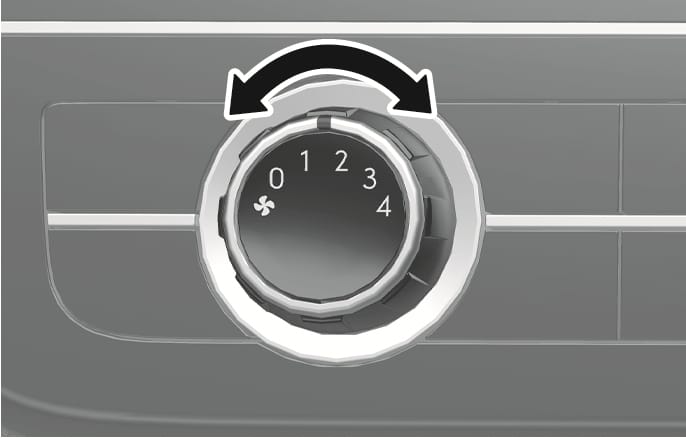 This is an image of the 2025 Hyundai Tucson airflow control knob. The knob features a pinwheel icon and numbers 0 through 4, and a black curved arrow at the top indicating left and right rotation. This explains how to turn the knob to set the desired airflow.