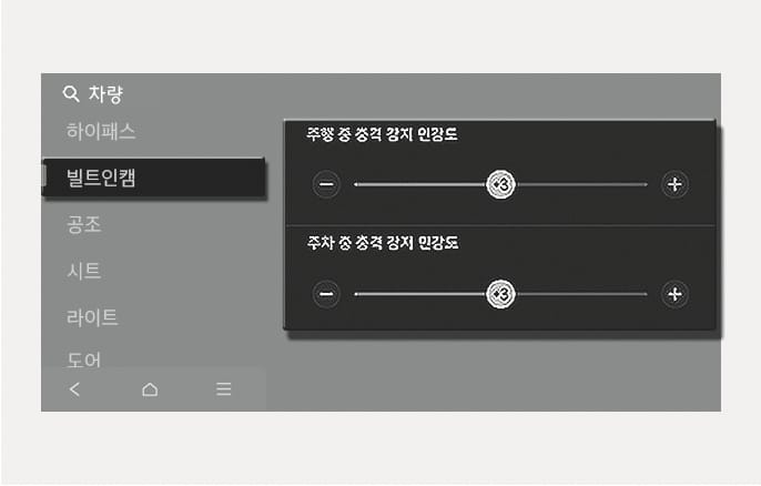 2025 현대 투싼 빌트인 캠 충격 감지 민감도 설정 화면 이미지입니다. 화면에는 주행 중 및 주차 중 충격 감지 민감도를 조절하는 슬라이더가 표시되어 있으며, 마이너스와 플러스 버튼을 통해 3단계로 설정된 상태를 보여줍니다. 주행 및 주차 시 이벤트 녹화의 기준이 되는 충격 감지 민감도를 1단계부터 5단계까지 설정하는 기능을 설명합니다.