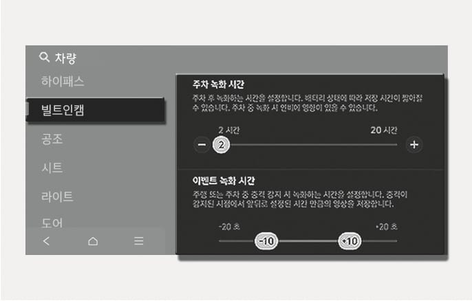 2025 현대 투싼 빌트인 캠 녹화 시간 설정 화면 이미지입니다. 좌측 메뉴의 '빌트인캠' 항목이 선택되어 있고, 우측에는 '주차 녹화 시간'과 '이벤트 녹화 시간'을 조절하는 슬라이더가 표시되어 있습니다. 주차 녹화 시간은 2시간, 이벤트 녹화 시간은 충격 전후 10초로 설정된 예시입니다. 주차 후 녹화 지속 시간과 충격 감지 시 저장할 영상의 길이를 조절하는 기능을 설명합니다.
