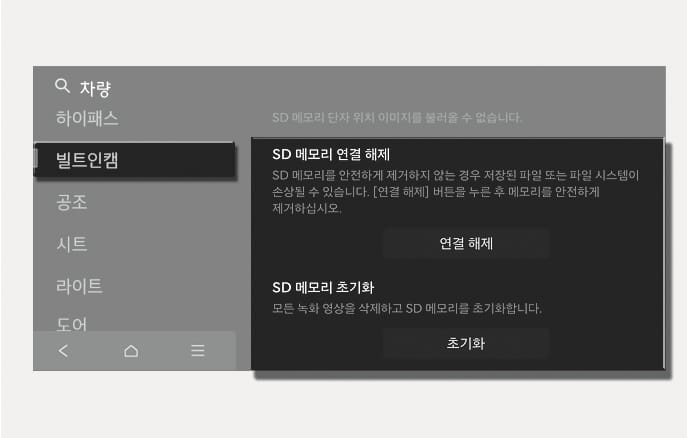 2025 현대 투싼 빌트인 캠 SD 메모리 설정 화면 이미지입니다. 좌측 메뉴의 '빌트인캠'이 선택된 상태에서 우측에 'SD 메모리 연결 해제'와 'SD 메모리 초기화' 항목이 표시됩니다. 각 항목 아래에는 설명 문구와 함께 '연결 해제' 및 '초기화' 버튼이 배치되어 있습니다. 저장된 데이터 보호를 위해 메모리를 안전하게 제거하거나 메모리를 초기화하는 기능을 설명합니다.