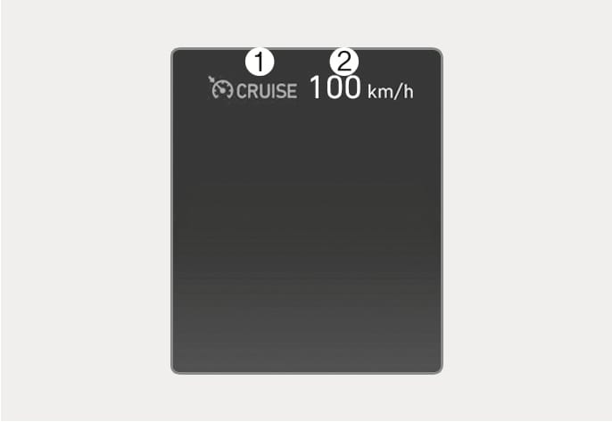 2025 현대 투싼 크루즈 컨트롤 작동 화면 이미지입니다. 어두운 배경의 계기판 상단에 (1) 크루즈 표시등인 CRUISE 문구와 아이콘이 위치하고, 그 옆에 (2) 설정속도가 100 km/h로 표시되어 있습니다. 가속 페달을 밟지 않아도 차량의 속도를 일정하게 유지하는 기능을 설명합니다.