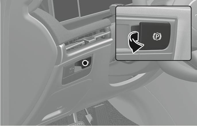 2025 현대 투싼 전자식 파킹 브레이크 스위치 작동 이미지입니다. 운전석 대시보드 좌측 하단에 위치한 EPB 스위치와 이를 확대하여 보여주는 상세도가 포함되어 있습니다. 상세도에서는 (P) 심볼이 표시된 스위치를 몸 쪽으로 당기는 동작을 굽은 흰색 화살표로 지시하고 있습니다. 스위치를 당겨 전자식 파킹 브레이크를 수동으로 체결하는 기능을 설명합니다.