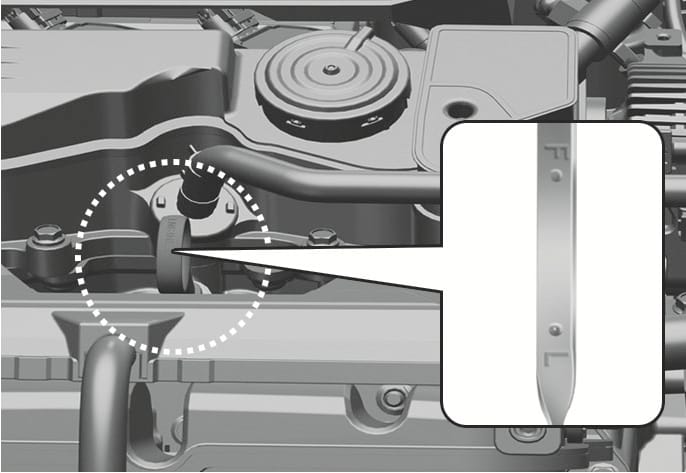 2025 현대 투싼 가솔린 엔진 오일 레벨 게이지 이미지입니다. 엔진룸 내 게이지 손잡이를 점선 원으로 강조하고, 상세도에 게이지 끝부분의 F와 L 눈금을 확대하여 보여줍니다. 오일 양이 F와 L 사이에 있는지 점검하는 기능을 설명합니다.