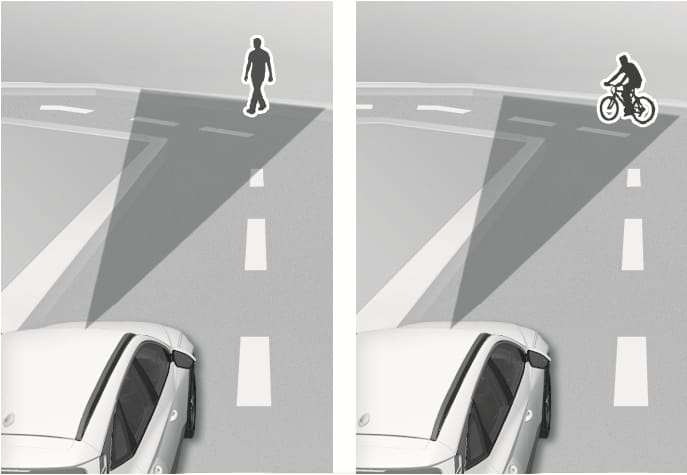 2025 현대 투싼 전방 카메라 인식 예시 이미지입니다. 차량 전방의 카메라 센서가 감지하는 영역이 회색 삼각형으로 표시되어 있습니다. 왼쪽 그림은 도로를 건너는 보행자를, 오른쪽 그림은 자전거 탑승자를 인식하여 흰색 테두리로 강조된 모습을 보여줍니다. 인식 센서가 보행자와 자전거 탑승자를 감지하는 기능을 설명합니다.
