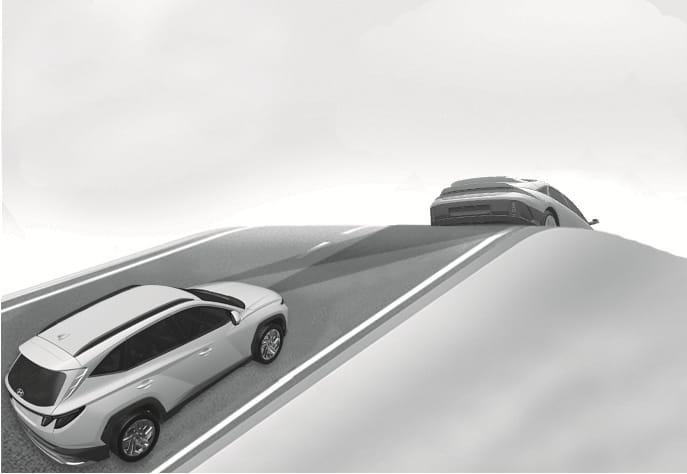 This image shows the Smart Cruise Control of the 2025 Hyundai Tucson when driving on an incline. The front radar sensor of the vehicle climbing an incline fails to detect a preceding vehicle on the other side of the hill due to the incline and points into the air. This illustrates a situation where the vehicle may accelerate unintentionally due to failure to detect a preceding vehicle on an incline, or decelerate suddenly due to delayed detection.
