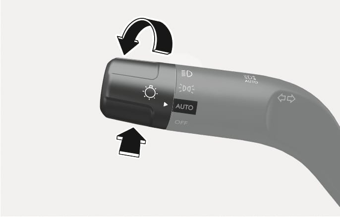 2025 현대 투싼 하이빔 보조 조작 레버 이미지입니다. 조명 스위치가 AUTO 위치에 설정된 상태에서, 레버 상단에는 앞쪽으로 미는 굽은 검은색 화살표가, 하단에는 뒤쪽으로 당기는 직선 검은색 화살표가 조작 방향을 지시하고 있습니다. 조명 스위치를 AUTO에 두고 레버를 앞뒤로 움직여 하이빔 보조 기능을 작동하거나 해제하는 방법을 설명합니다.