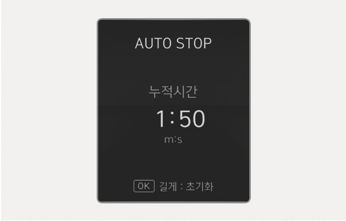 2025 Hyundai Tucson Cluster AUTO STOP Accumulated Time screen image. The texts 'AUTO STOP' and 'Accumulated Time' and the time '1:50' are displayed on a black background. At the bottom, there is an instruction '[OK] Hold : Reset'. Describes the function to check and reset the accumulated ISG operation time.