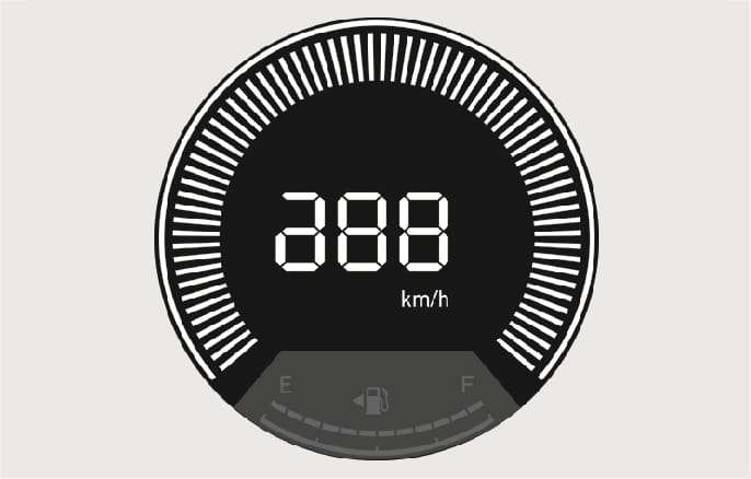 2025 현대 투싼 계측기 속도계 A타입 이미지입니다. 중앙에 현재 속도 '288 km/h'가 큰 숫자로 표시되고, 테두리에 원형 눈금이 배치되어 있습니다. 하단에는 'E'와 'F' 구간으로 연료 잔량을 표시하는 연료계가 있습니다. 차량의 주행 속도와 남은 연료량을 시각적으로 확인하는 기능을 설명합니다.