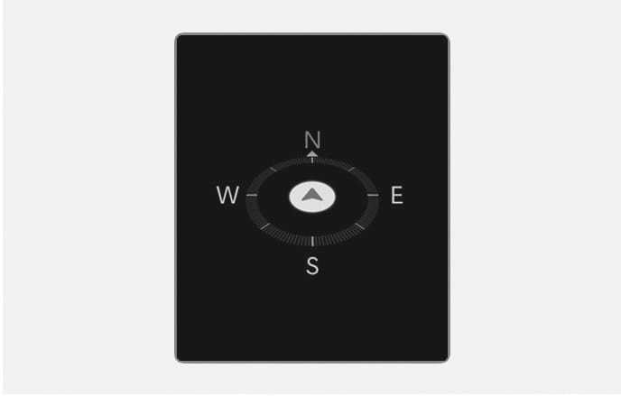 2025 Hyundai Tucson Cluster Navigation View screen image. A compass graphic with cardinal directions East (E), West (W), South (S), and North (N) is located in the center of a black background, and an arrow icon indicating the driving direction is inside the circular scale. Describes the function that displays driving information linked with the navigation system.