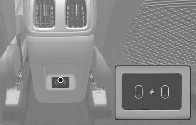 2025 현대 투싼 뒷좌석 USB 충전 단자 이미지입니다. 센터 콘솔 후면에 위치한 두 개의 USB C타입 단자가 흰색 원으로 강조되어 있으며, 우측 하단에는 번개 모양의 충전 아이콘과 단자 형태를 확대한 상세도가 삽입되어 있습니다. 뒷좌석 탑승객이 스마트폰 등 전자기기를 충전하는 기능을 설명합니다.