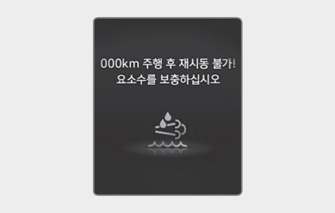 2025 현대 투싼 요소수 시스템 3차 경고 화면 이미지입니다. 검은색 배경의 클러스터 화면 중앙에 요소수 시스템 경고등 아이콘이 있고, 상단에 '000km 주행 후 재시동 불가! 요소수를 보충하십시오'라는 흰색 문구가 표시되어 있습니다. 요소수 잔량이 거의 없어 즉시 보충하지 않으면 재시동이 불가능함을 알리는 기능을 설명합니다.