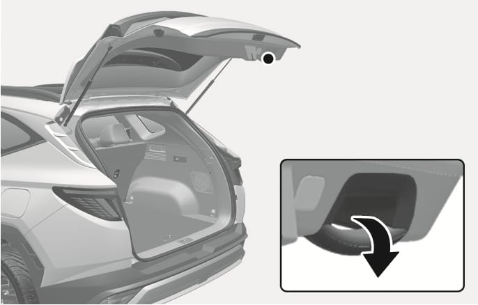2025 현대 투싼 테일게이트 닫는 방법 이미지입니다. 열려 있는 테일게이트 안쪽 하단에 위치한 손잡이를 확대한 상세도가 포함되어 있습니다. 상세도에는 손잡이에서 시작해 아래쪽을 가리키는 검은색 굽은 화살표가 있어, 손잡이를 잡고 아래로 당겨 테일게이트를 닫는 기능을 설명합니다.