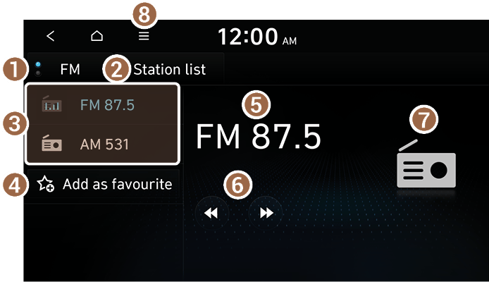 The radio screen provides various functions while listening to radio ...